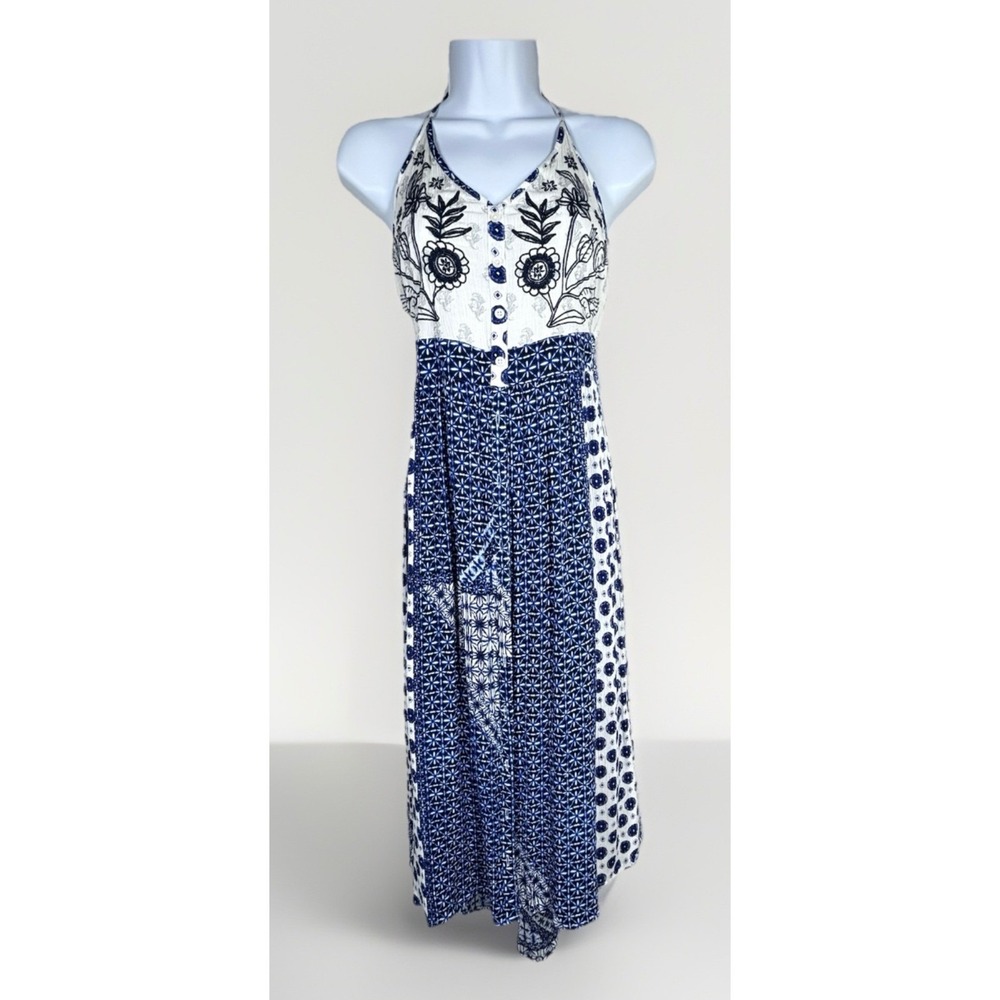 Patron Peace Womens Patchwork Halter Maxi Dress Large Bohemian Floral Resort NWT